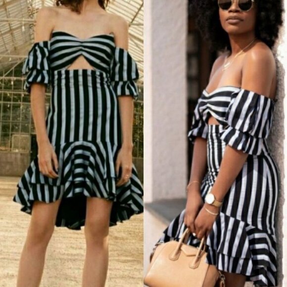 NEW WAYF Korbin Striped Off Shoulder Dress Blue Size Medium Cotton Brand Cutout - Picture 2 of 9